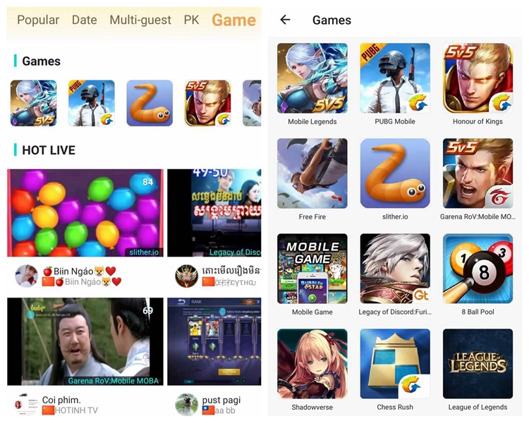 Gaming and live game shows in Bigo Live Thai 